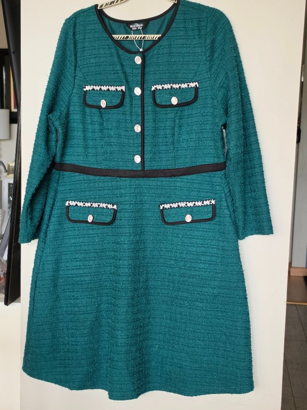 BloomChic Hunter Green Tweed Pearl Button Elegant A-Line Dress Size 18